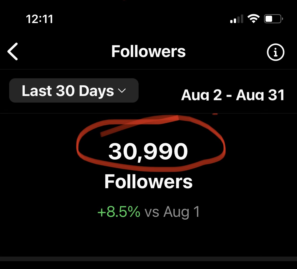 Instagram followers screen showing 30,990 followers with 8.5% growth